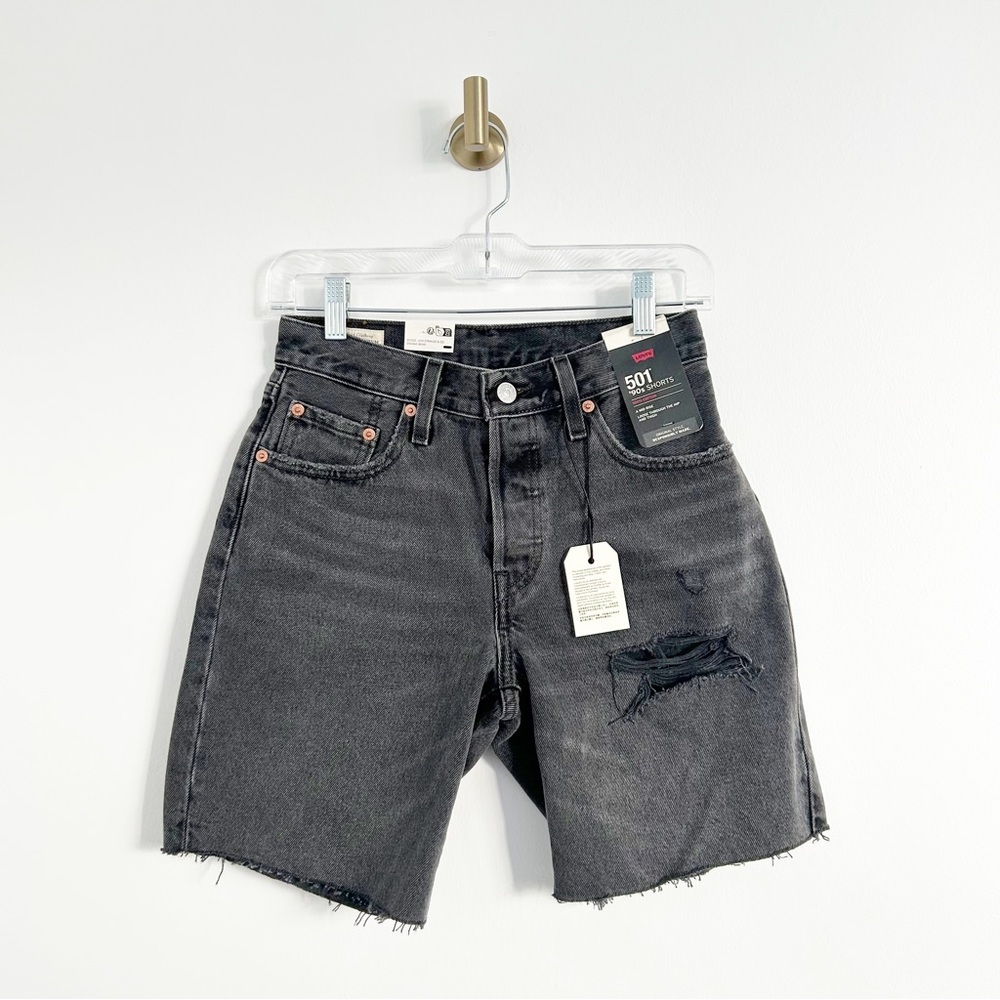 NEW Levi's 501 90s Long Cutoff Jean Shorts in Beach Cut Washed Black Size 24 - Picture 3 of 11